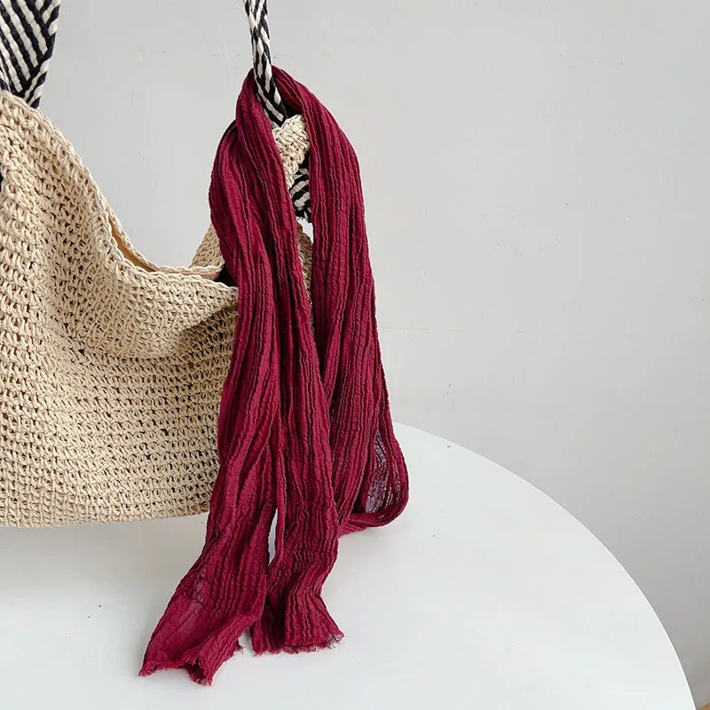 Retro pleated ramie scarf slender narrow and long scarf Japanese forest women's versatile elongated neck protection scarf
