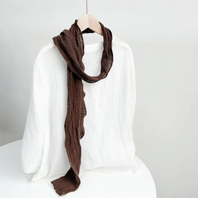 Retro pleated ramie scarf slender narrow and long scarf Japanese forest women's versatile elongated neck protection scarf