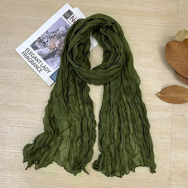1Pieces Korean Style Cotton Linen Folded Women's Scarf Thin Pure Color Simple Match Long Shoulder Mountaineering Scarf