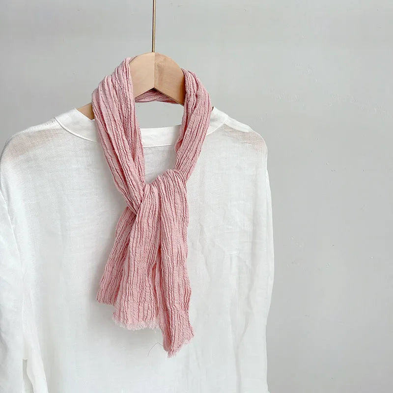 Retro pleated ramie scarf slender narrow and long scarf Japanese forest women's versatile elongated neck protection scarf