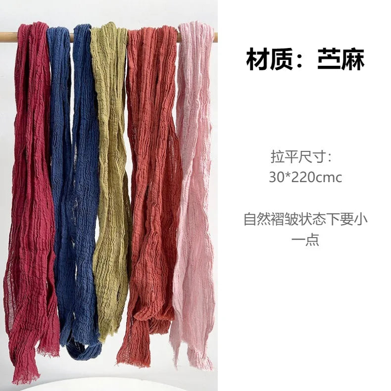 Retro pleated ramie scarf slender narrow and long scarf Japanese forest women's versatile elongated neck protection scarf