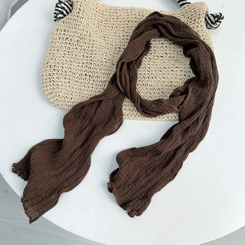 Retro pleated ramie scarf slender narrow and long scarf Japanese forest women's versatile elongated neck protection scarf