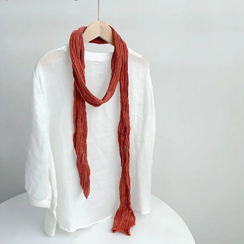 Retro pleated ramie scarf slender narrow and long scarf Japanese forest women's versatile elongated neck protection scarf