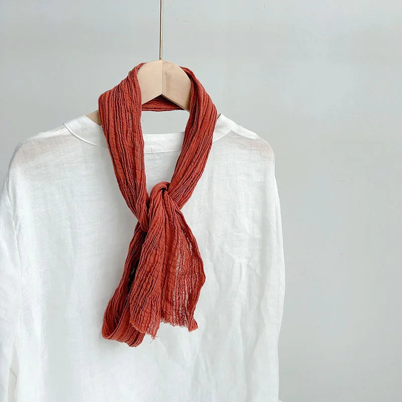Retro pleated ramie scarf slender narrow and long scarf Japanese forest women's versatile elongated neck protection scarf