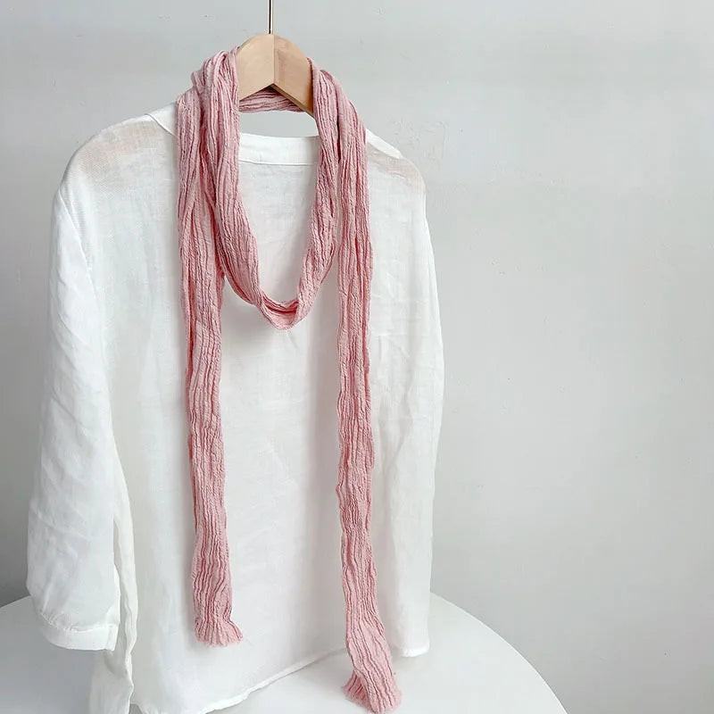 Retro pleated ramie scarf slender narrow and long scarf Japanese forest women's versatile elongated neck protection scarf