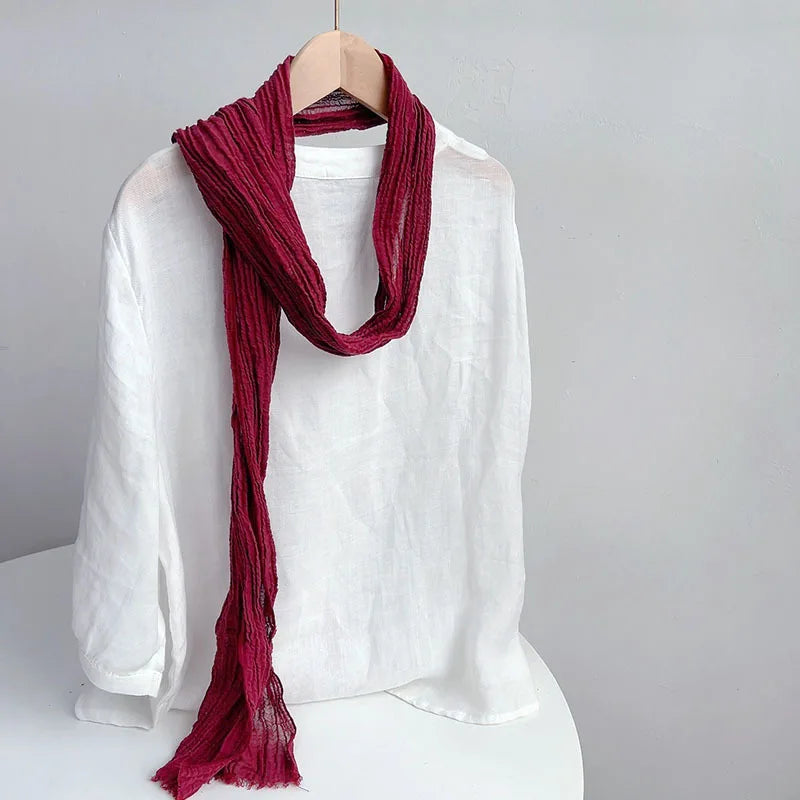Retro pleated ramie scarf slender narrow and long scarf Japanese forest women's versatile elongated neck protection scarf