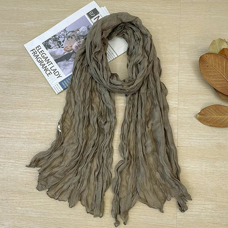 1Pieces Korean Style Cotton Linen Folded Women's Scarf Thin Pure Color Simple Match Long Shoulder Mountaineering Scarf