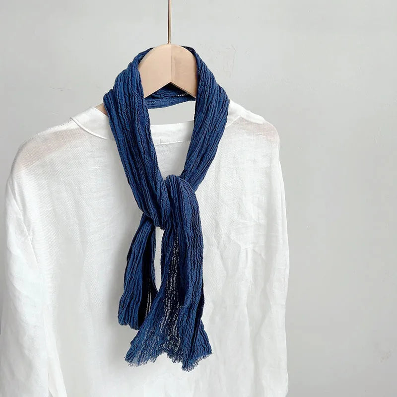 Retro pleated ramie scarf slender narrow and long scarf Japanese forest women's versatile elongated neck protection scarf