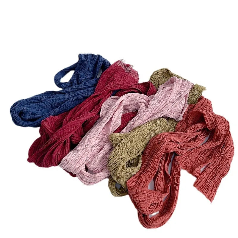 Retro pleated ramie scarf slender narrow and long scarf Japanese forest women's versatile elongated neck protection scarf