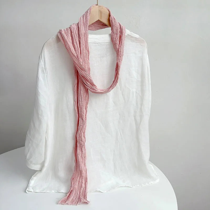 Retro pleated ramie scarf slender narrow and long scarf Japanese forest women's versatile elongated neck protection scarf