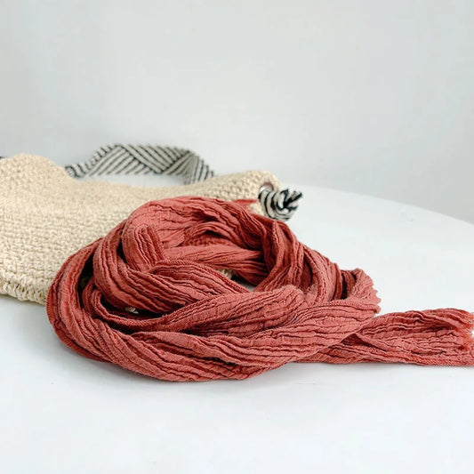 Retro pleated ramie scarf slender narrow and long scarf Japanese forest women's versatile elongated neck protection scarf