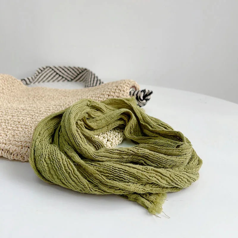 Retro pleated ramie scarf slender narrow and long scarf Japanese forest women's versatile elongated neck protection scarf