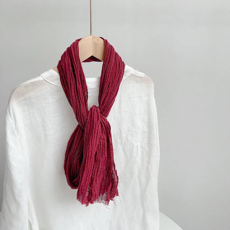 Retro pleated ramie scarf slender narrow and long scarf Japanese forest women's versatile elongated neck protection scarf