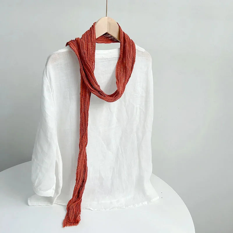 Retro pleated ramie scarf slender narrow and long scarf Japanese forest women's versatile elongated neck protection scarf