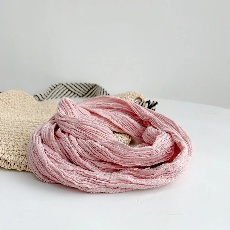 Retro pleated ramie scarf slender narrow and long scarf Japanese forest women's versatile elongated neck protection scarf