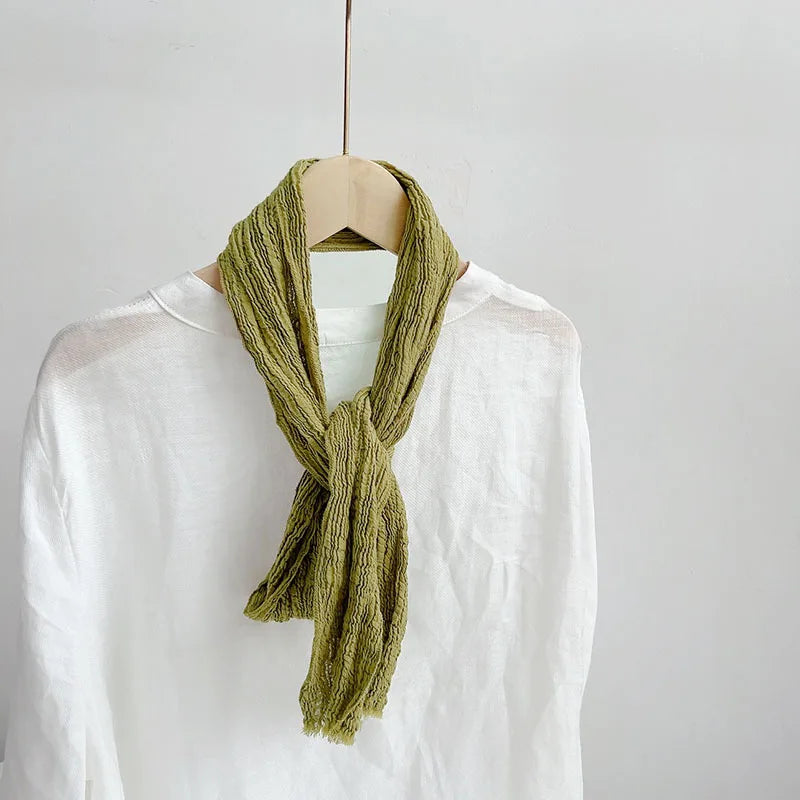 Retro pleated ramie scarf slender narrow and long scarf Japanese forest women's versatile elongated neck protection scarf
