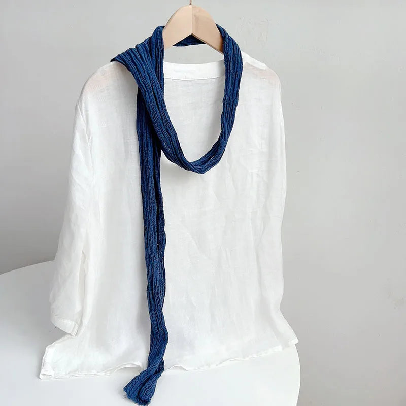 Retro pleated ramie scarf slender narrow and long scarf Japanese forest women's versatile elongated neck protection scarf