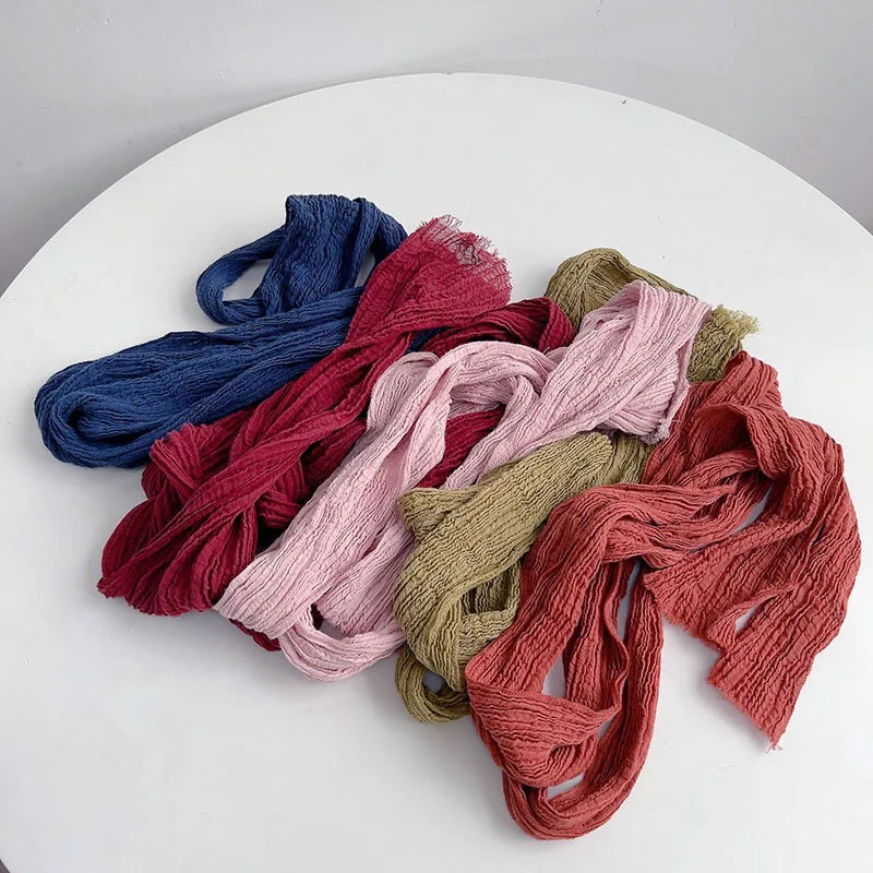 Retro pleated ramie scarf slender narrow and long scarf Japanese forest women's versatile elongated neck protection scarf