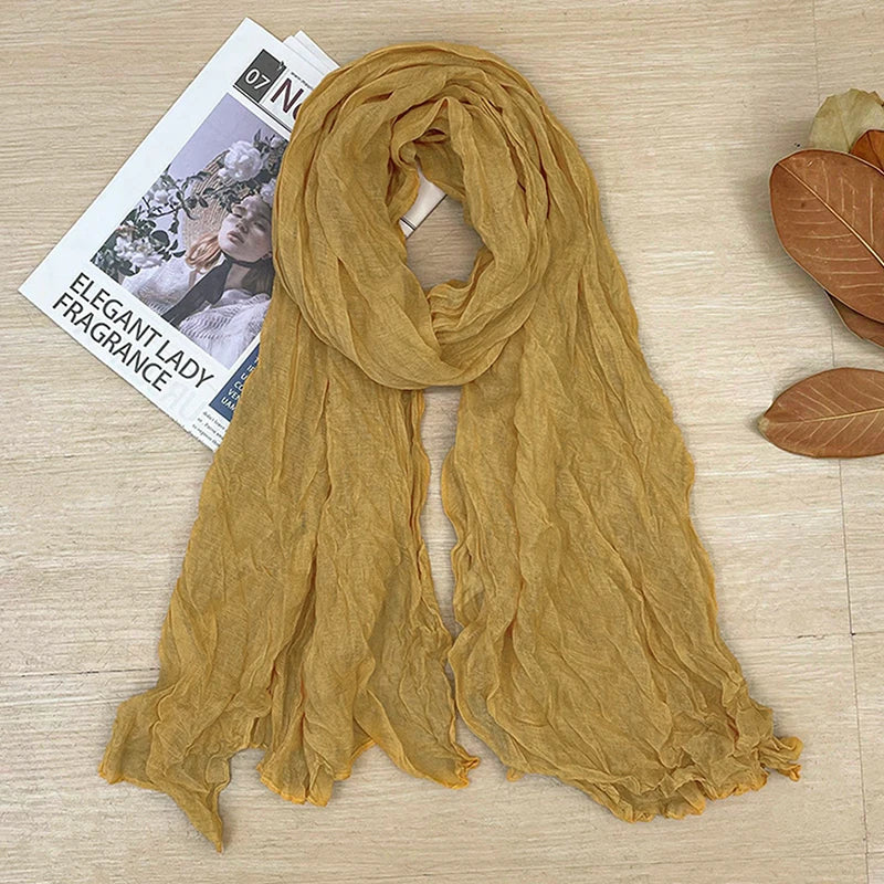 1Pieces Korean Style Cotton Linen Folded Women's Scarf Thin Pure Color Simple Match Long Shoulder Mountaineering Scarf