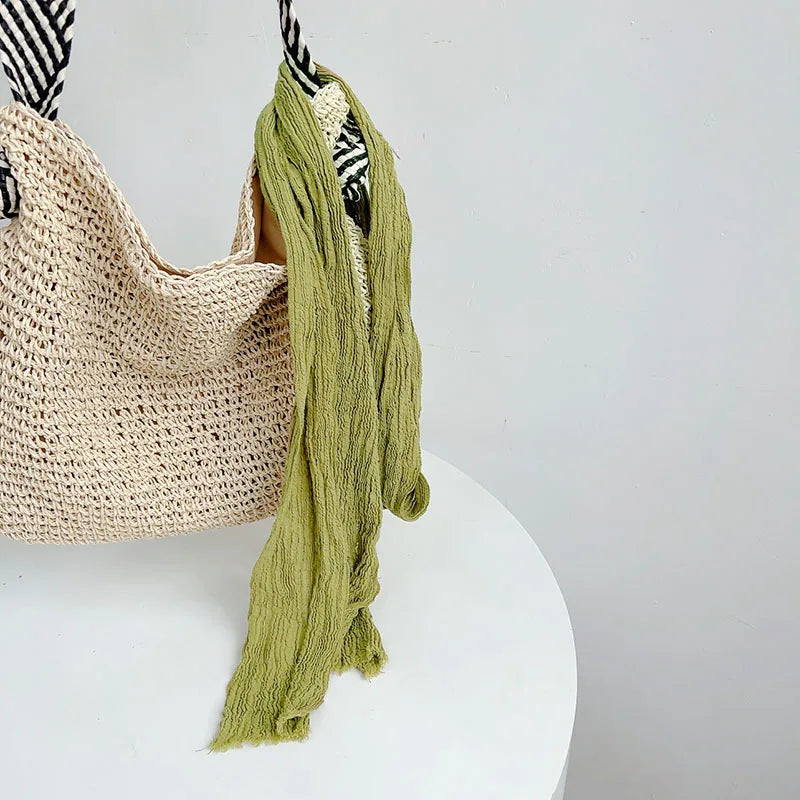 Retro pleated ramie scarf slender narrow and long scarf Japanese forest women's versatile elongated neck protection scarf