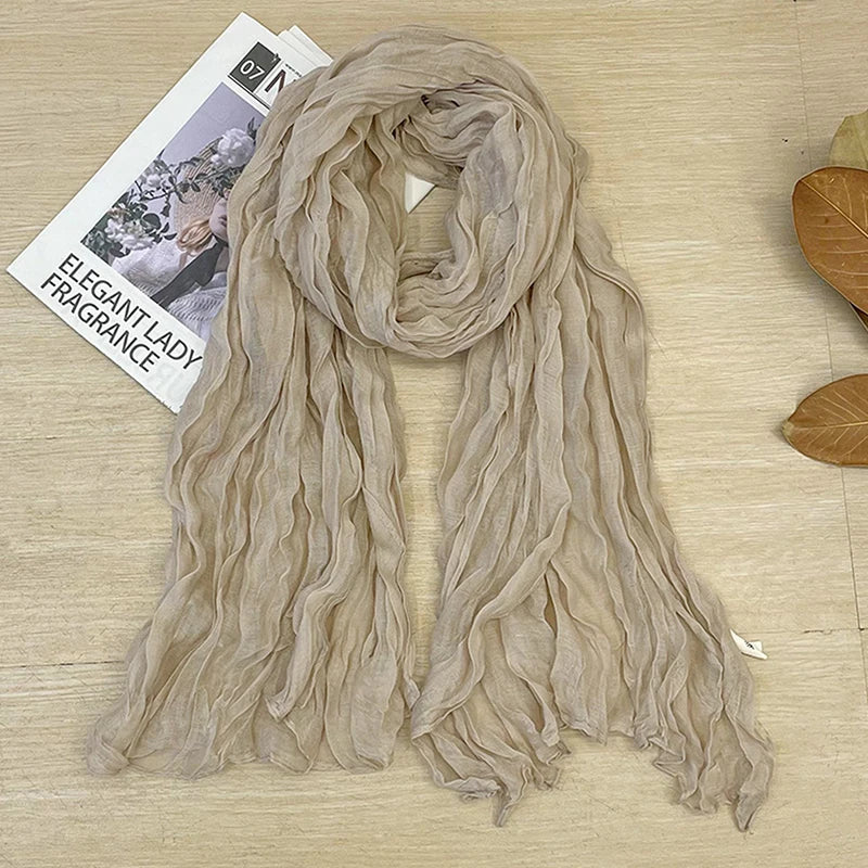 1Pieces Korean Style Cotton Linen Folded Women's Scarf Thin Pure Color Simple Match Long Shoulder Mountaineering Scarf