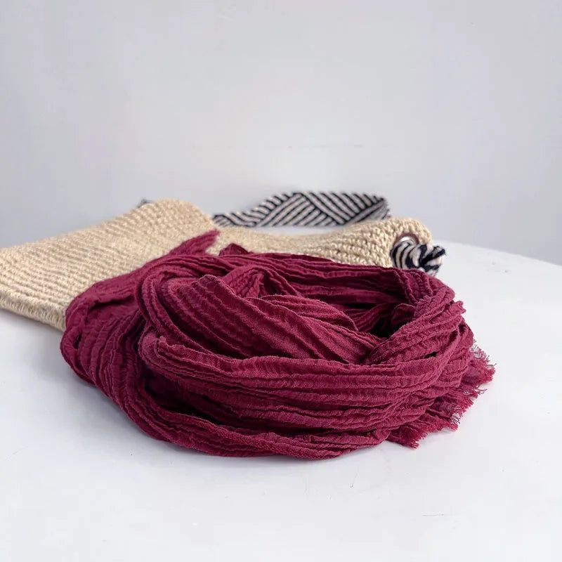 Retro pleated ramie scarf slender narrow and long scarf Japanese forest women's versatile elongated neck protection scarf