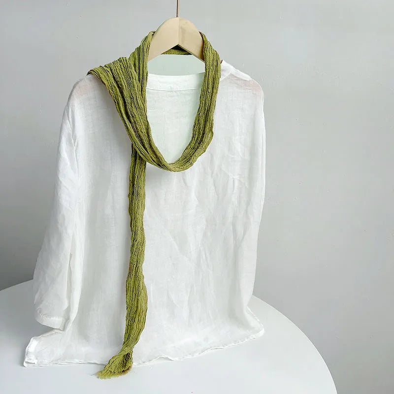 Retro pleated ramie scarf slender narrow and long scarf Japanese forest women's versatile elongated neck protection scarf