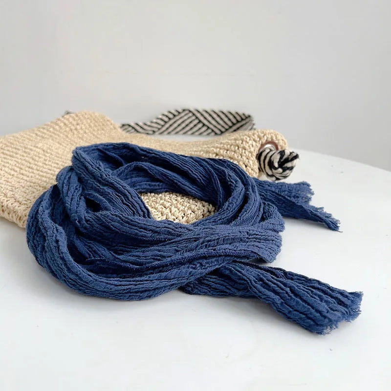 Retro pleated ramie scarf slender narrow and long scarf Japanese forest women's versatile elongated neck protection scarf