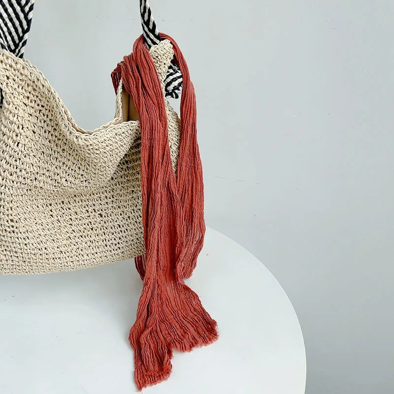 Retro pleated ramie scarf slender narrow and long scarf Japanese forest women's versatile elongated neck protection scarf