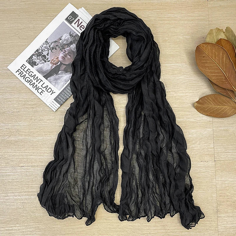 1Pieces Korean Style Cotton Linen Folded Women's Scarf Thin Pure Color Simple Match Long Shoulder Mountaineering Scarf