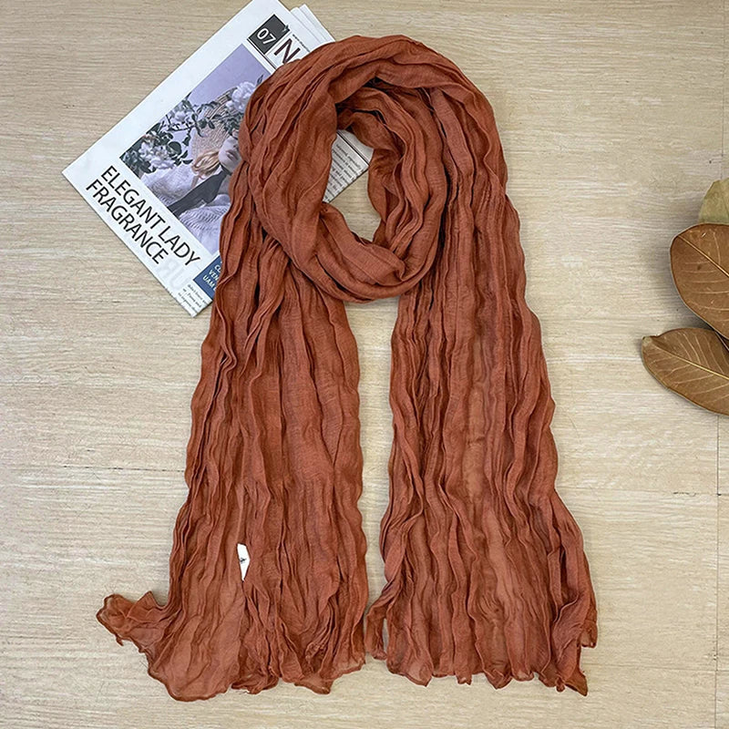 1Pieces Korean Style Cotton Linen Folded Women's Scarf Thin Pure Color Simple Match Long Shoulder Mountaineering Scarf