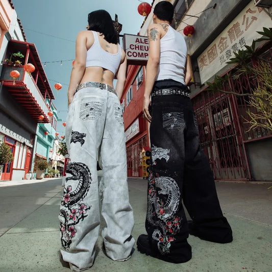 Y2K Fashion Street Vintage Hip Hop Oversized Pattern Embroidered Baggy Jean Men Harajuku Rock Straight High Waist Wide Leg Pants
