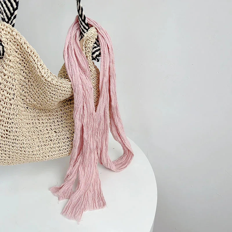 Retro pleated ramie scarf slender narrow and long scarf Japanese forest women's versatile elongated neck protection scarf