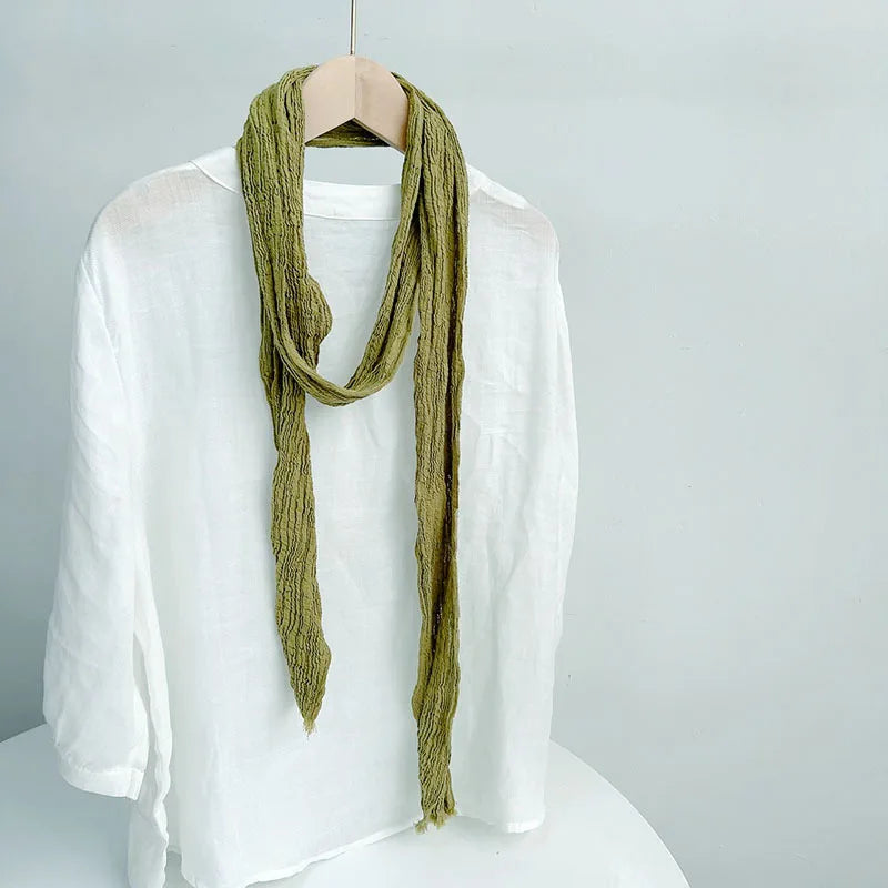 Retro pleated ramie scarf slender narrow and long scarf Japanese forest women's versatile elongated neck protection scarf