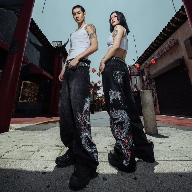 Y2K Fashion Street Vintage Hip Hop Oversized Pattern Embroidered Baggy Jean Men Harajuku Rock Straight High Waist Wide Leg Pants