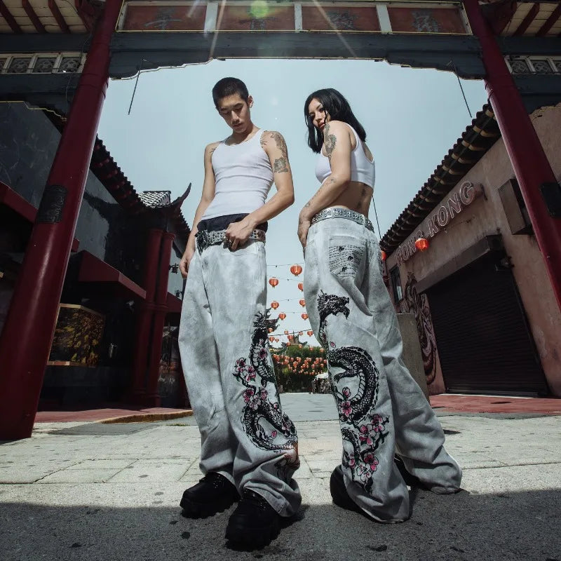 Y2K Fashion Street Vintage Hip Hop Oversized Pattern Embroidered Baggy Jean Men Harajuku Rock Straight High Waist Wide Leg Pants