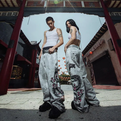 Y2K Fashion Street Vintage Hip Hop Oversized Pattern Embroidered Baggy Jean Men Harajuku Rock Straight High Waist Wide Leg Pants
