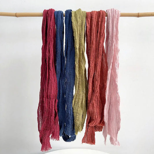 Retro pleated ramie scarf slender narrow and long scarf Japanese forest women's versatile elongated neck protection scarf