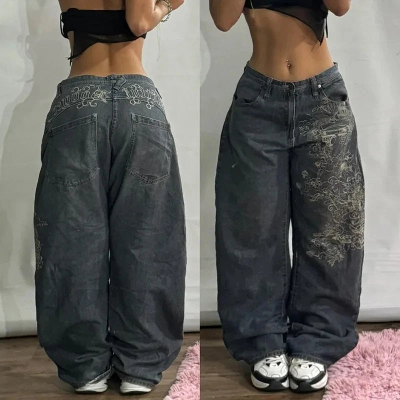 Y2K Fashion Street Vintage Hip Hop Oversized Pattern Embroidered Baggy Jean Men Harajuku Rock Straight High Waist Wide Leg Pants