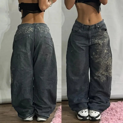 Y2K Fashion Street Vintage Hip Hop Oversized Pattern Embroidered Baggy Jean Men Harajuku Rock Straight High Waist Wide Leg Pants