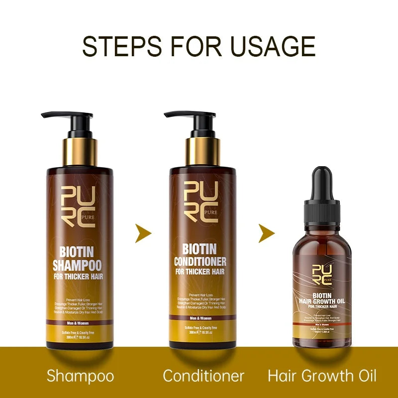 PURC Biotin Hair Growth Oil, Shampoo And Conditioner stimilates, Nourishes and strengthens hair