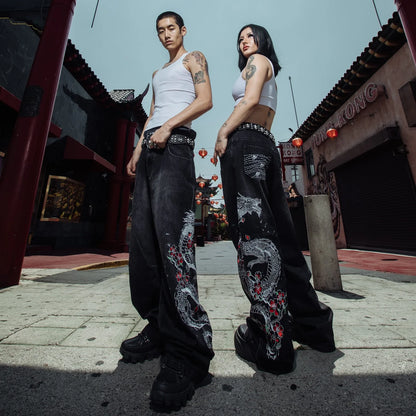 Y2K Fashion Street Vintage Hip Hop Oversized Pattern Embroidered Baggy Jean Men Harajuku Rock Straight High Waist Wide Leg Pants