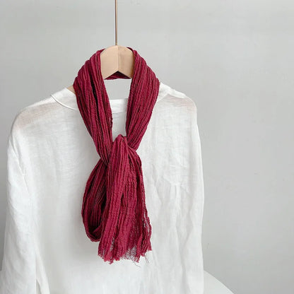Retro pleated ramie scarf slender narrow and long scarf Japanese forest women's versatile elongated neck protection scarf