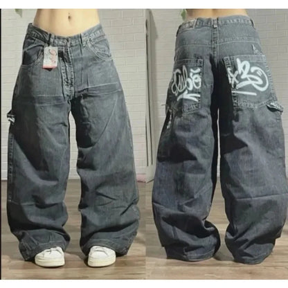 Y2K Fashion Street Vintage Hip Hop Oversized Pattern Embroidered Baggy Jean Men Harajuku Rock Straight High Waist Wide Leg Pants