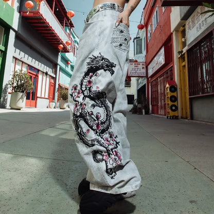 Y2K Fashion Street Vintage Hip Hop Oversized Pattern Embroidered Baggy Jean Men Harajuku Rock Straight High Waist Wide Leg Pants