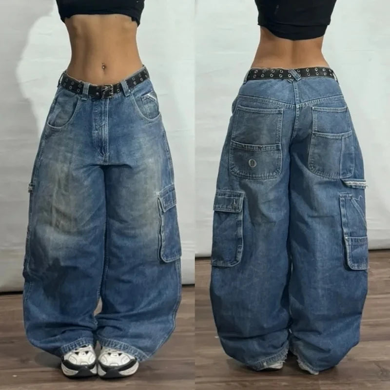 Y2K Fashion Street Vintage Hip Hop Oversized Pattern Embroidered Baggy Jean Men Harajuku Rock Straight High Waist Wide Leg Pants