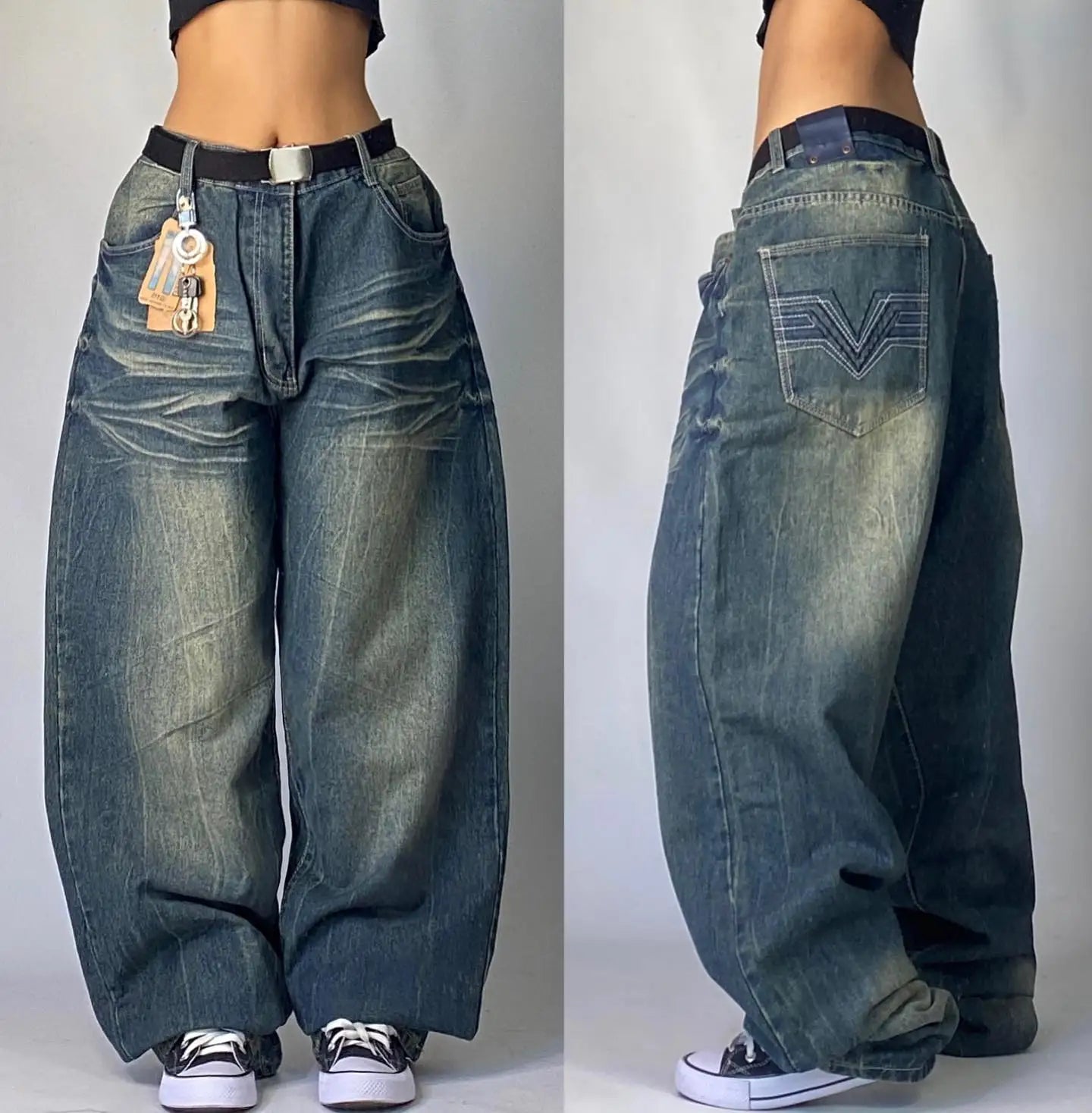 Y2K Fashion Street Vintage Hip Hop Oversized Pattern Embroidered Baggy Jean Men Harajuku Rock Straight High Waist Wide Leg Pants