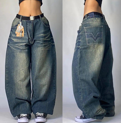 Y2K Fashion Street Vintage Hip Hop Oversized Pattern Embroidered Baggy Jean Men Harajuku Rock Straight High Waist Wide Leg Pants