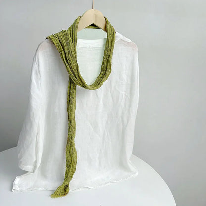 Retro pleated ramie scarf slender narrow and long scarf Japanese forest women's versatile elongated neck protection scarf