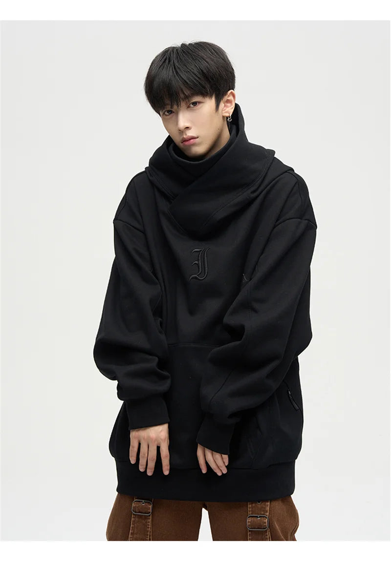 Autumn Ninja Streetwear Turtleneck Hoodies For Men Letter Embroidered Hip Hop Fashion Sweatshirts Y2K Vintage Fleece Hoody